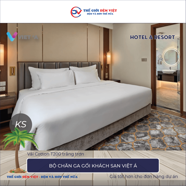Bộ chăn ga gối khách sạn Việt Á Cotton T200 trắng trơn